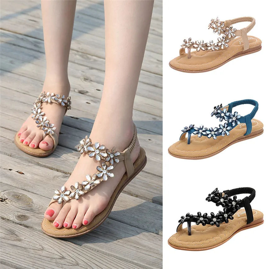 Women Ladies 2019 Summer New Fashion Floral Crystal Elastic Band Flip Flops Wedge Sandals Beach Shoes Style For M#3 | Обувь