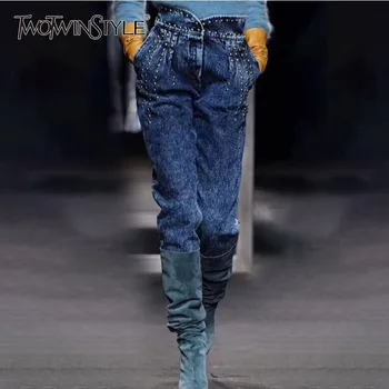 

TWOTWINSTYLE Rivet Jeans Trousers For Women Ruffle High Waist Denim Pants Female Fashion Streetwear Tide 2020 Autumn Large Sizes