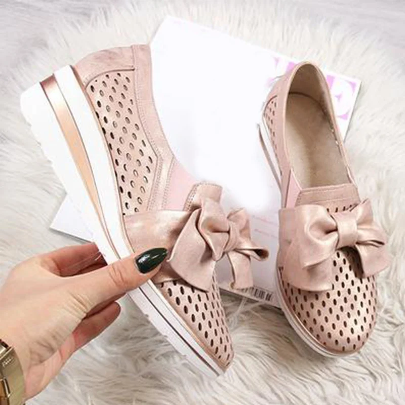 Autumn Women Shoes Wedges Hollow Out Breathable Pumps PU Bowtie Platform Fashion Ladies Slip On Casual Comfort Female Moccasins