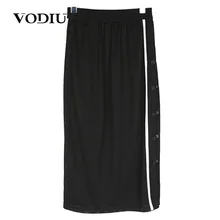 Для женщин юбка летняя мода женские хлопок сторона расщепляется белый полосатый кнопку до колена Повседневная Дамская обувь летние Для женщин юбка