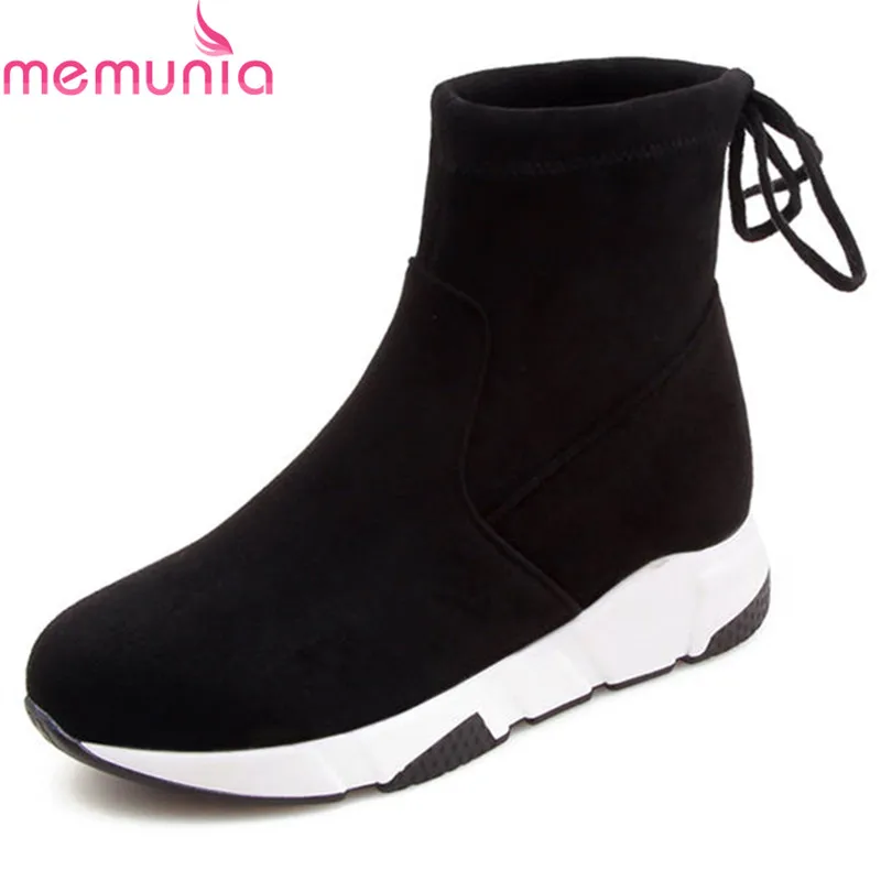 

MEMUNIA 2020 newest flock round toe autumn winter boots slip on solid color ankle boots for women comfortable low heel shoes