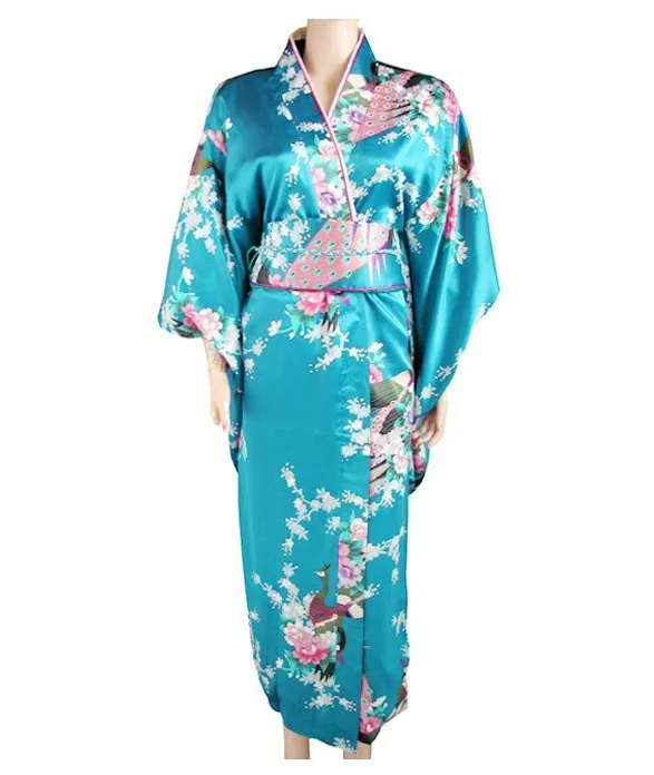 Синее Новое винтажное японское женское шелковое атласное кимоно ropa Mujeres japonesas Yukata платье Peafowl Один размер H0040 - Цвет: light blue