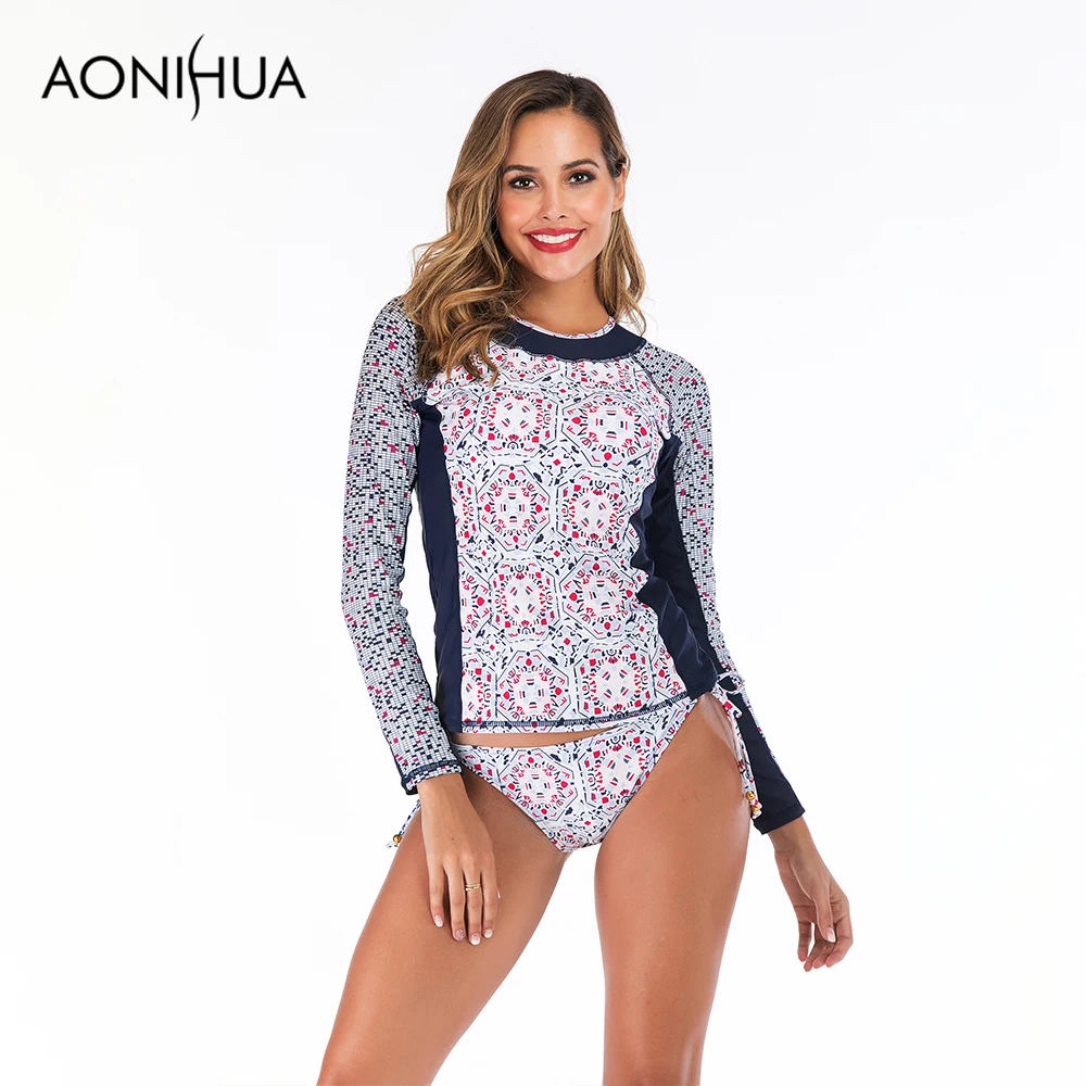 

Aonihua Two Piece Bandage Swimsuit Printed Design Long Sleeve Swimsuit Female Separate Women's Swimming Suit S-2XL