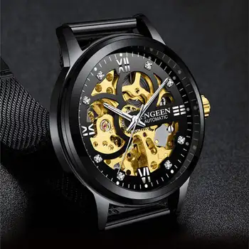 

2019 New Black Men's Skeleton WristWatch Stainless steel Antique Steampunk Casual Automatic Skeleton Mechanical Watches Male Man