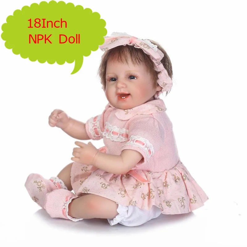 

Latest NPK 18inc Lifelike Reborn Baby Doll Safety Silicone Soft Mohair Smiling Bebe Doll With Pink Dress Toys For Kids Girl Gift