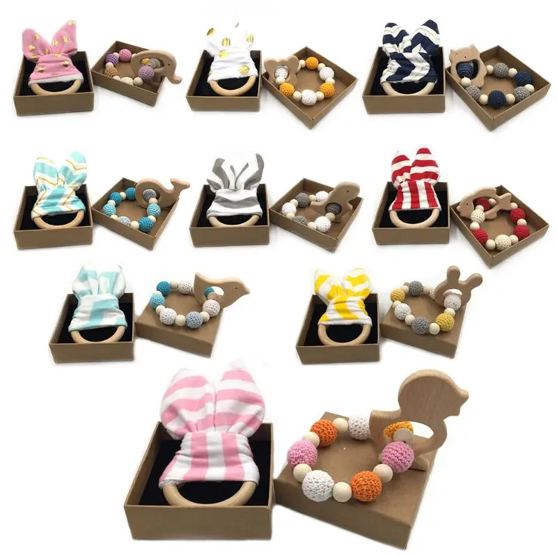 

2Pcs Soft Silicone Beads Cartoon Rabbit Ears Wood Bracelet Toddler Molar Teeth Pain Relief Tool Kids Teether Educational Toy