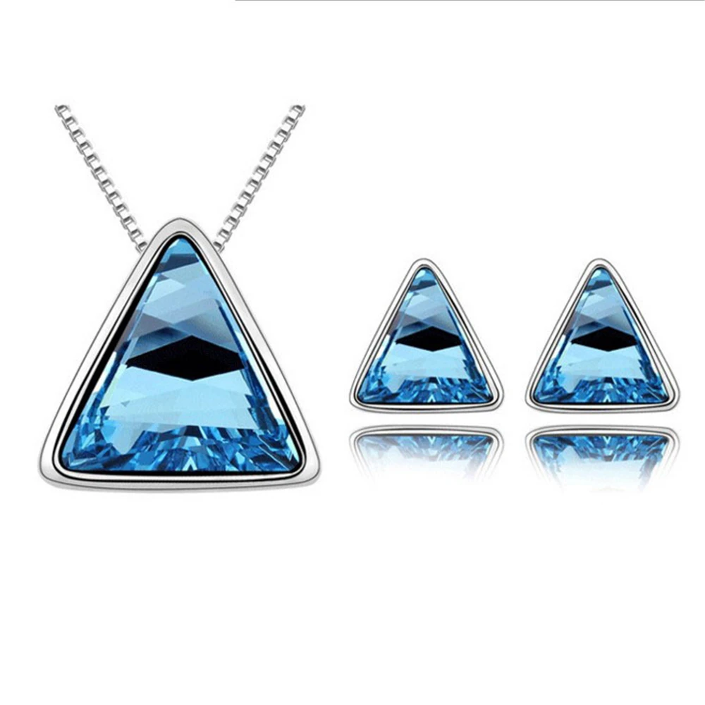 

N010 Fine Jewelry Elegance Triangular Geometry Shaped Blue Austrian Crystal Pendent Necklace Set Jewelry For Woman