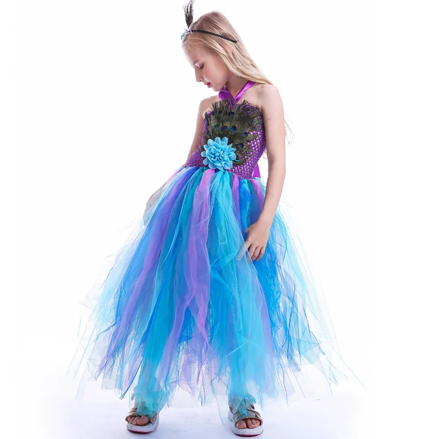 Pretty Peacock Feather Girls Flower Tutu Dress Wedding Birthday Party Halloween Purim Costume Kids Carnival Tutu Outfit (10)