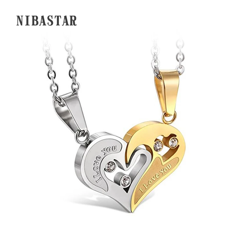 

316L Stainless Steel Mens Womens Couple Necklace Friendship Puzzle CZ Love Matching Heart Pendants