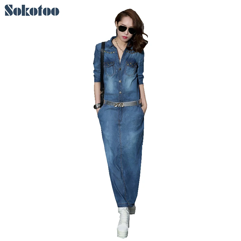 

Sokotoo Women's summer calf length lightweight denim slit dress Half sleeve rivet slim long dress with belt