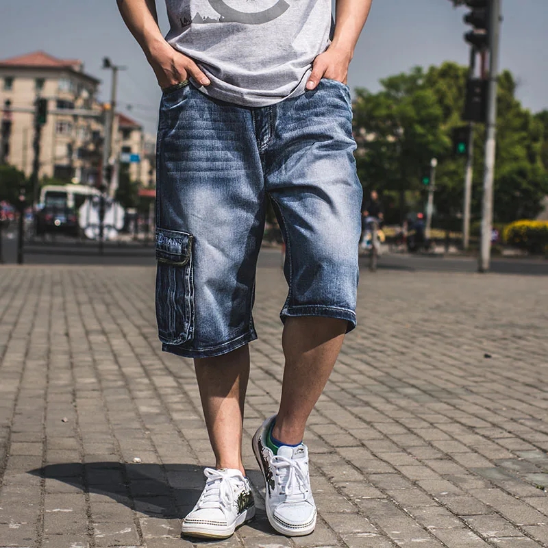Muiti Pocket Knee Length Denim Shorts For Men Summer Hip Hop Dance