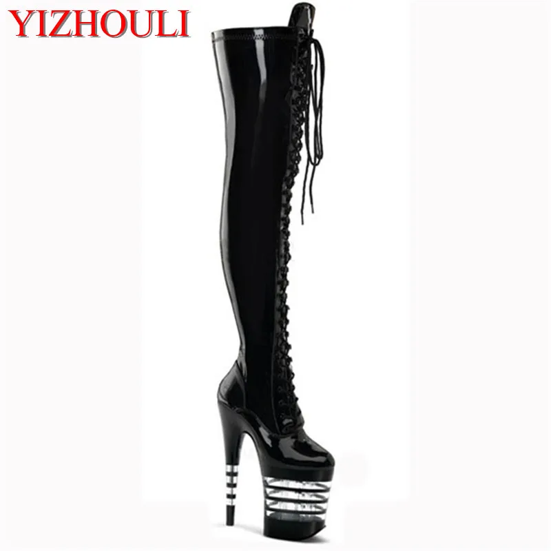 17-20cm Sexy High Heels Boots Women Pointed Toe Long Boots Knee High Lace-Up Autumn High Dance Shoes