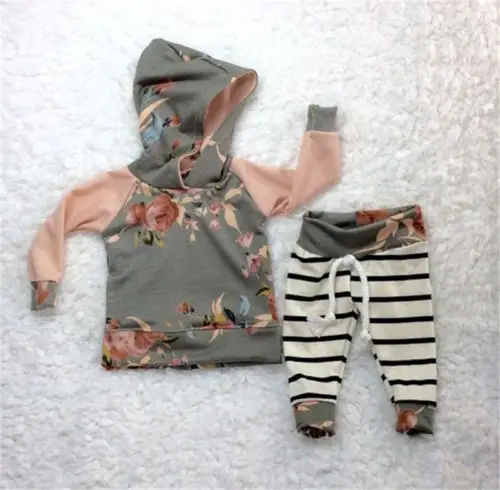 

Newborn Baby Girls Long Sleeve Floral Hooded Tops + Striped Pants Leggings Outfits Clothes Set