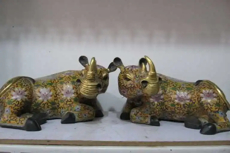 

100% Pure Bronze 24K Gold cloisonne OX rhinoceros Pair
