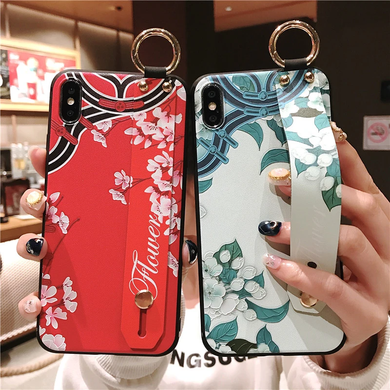 

UBERAY Phone Holder Case for iPhone 7 8 6 6s plus for iPhone X XR Xs max case Flower Pattern Soft TPU Wrist Strap Case Cover