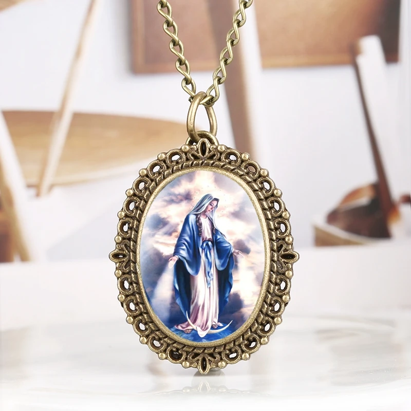 Unique Virgin Mary Necklace Quartz Pocket Watch Mother Mary Catholic Religious Pendant Gifts Necklace Women as Collectibles 2019 2019 2020 2021 (32)