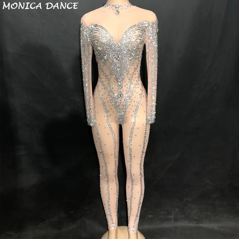 

Sexy Women Stage Net Yarn Jumpsuit Full Of Glass Sparkling Crystals Bodysuit Nightclub Party Fashion Show Singer Bling Costumes