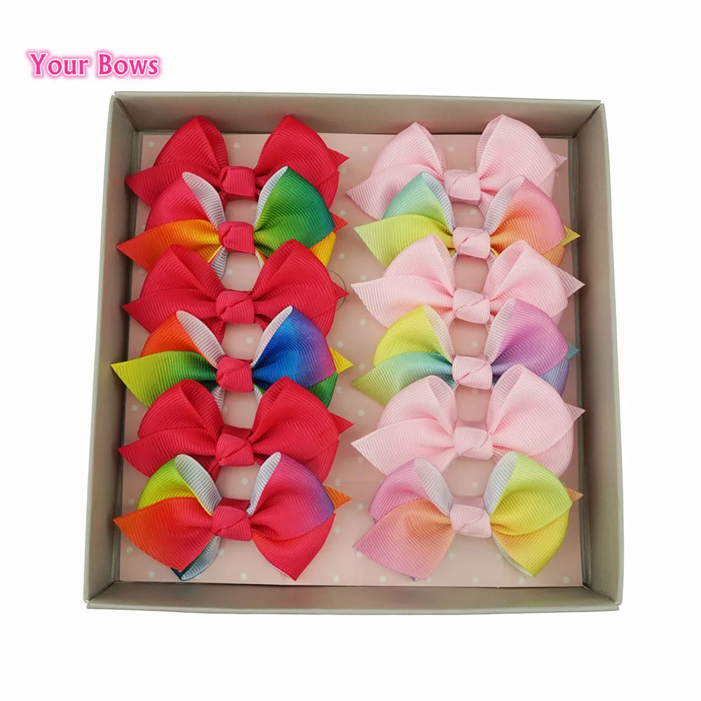 

Your Bows 12Pcs/lot Cute Rainbow Hair Bows Polyester Girls Bows Hairpins Boutique Solid Headwear Kids Children Hair Accessories