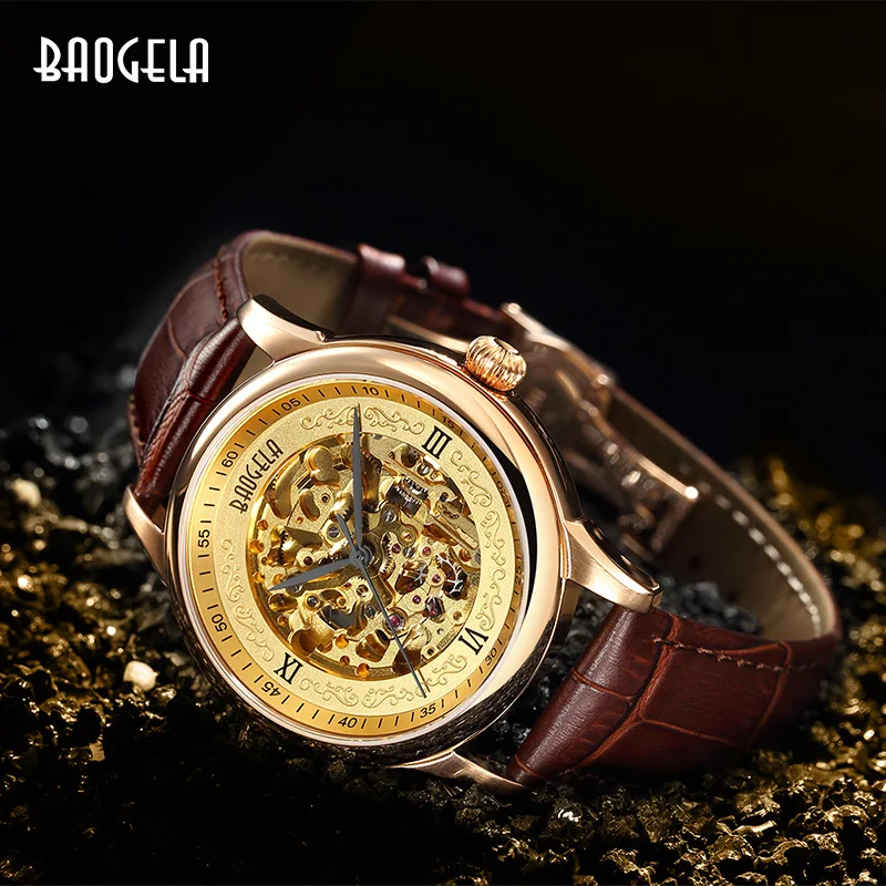

BAOGELA Hollow Skeleton Automatic Mechanical Watches Mens Top Brand Luxury Leather Band Gold Business Wristwatch