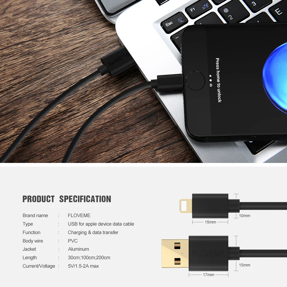 Floveme 10 unids/lote cable USB para iPhone 8 7 0.3 m/1 m/2 m/3 m sincronización 2A cable de carga para Apple iPhone x 10 5S se cargador del teléfono