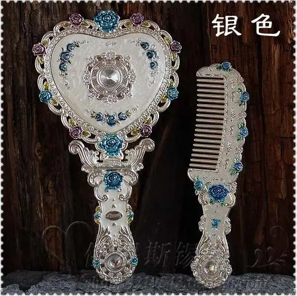 Европейское Ретро складное зеркало в форме сердца с зеркальной рамой, туалетное зеркало, ручное зеркало, зеркала для макияжа, подарок для девочки J034 - Цвет: Silver plated