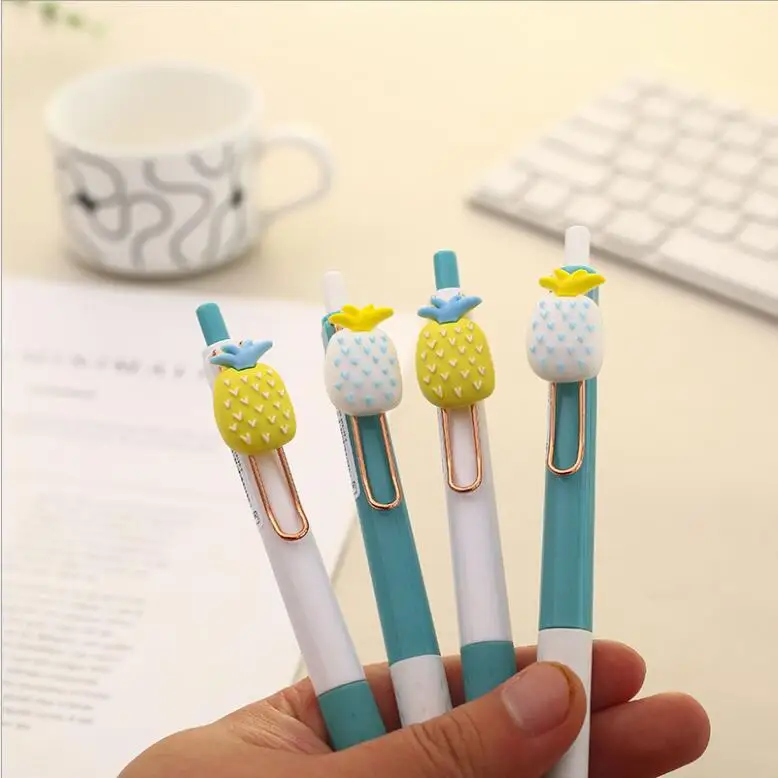 

New Fashion 2pcs/Pair Kawaii 0.5mm Korean Cute Pineapple Fruit Press Gel Pen School Office Sign Writing Pen School Stationery