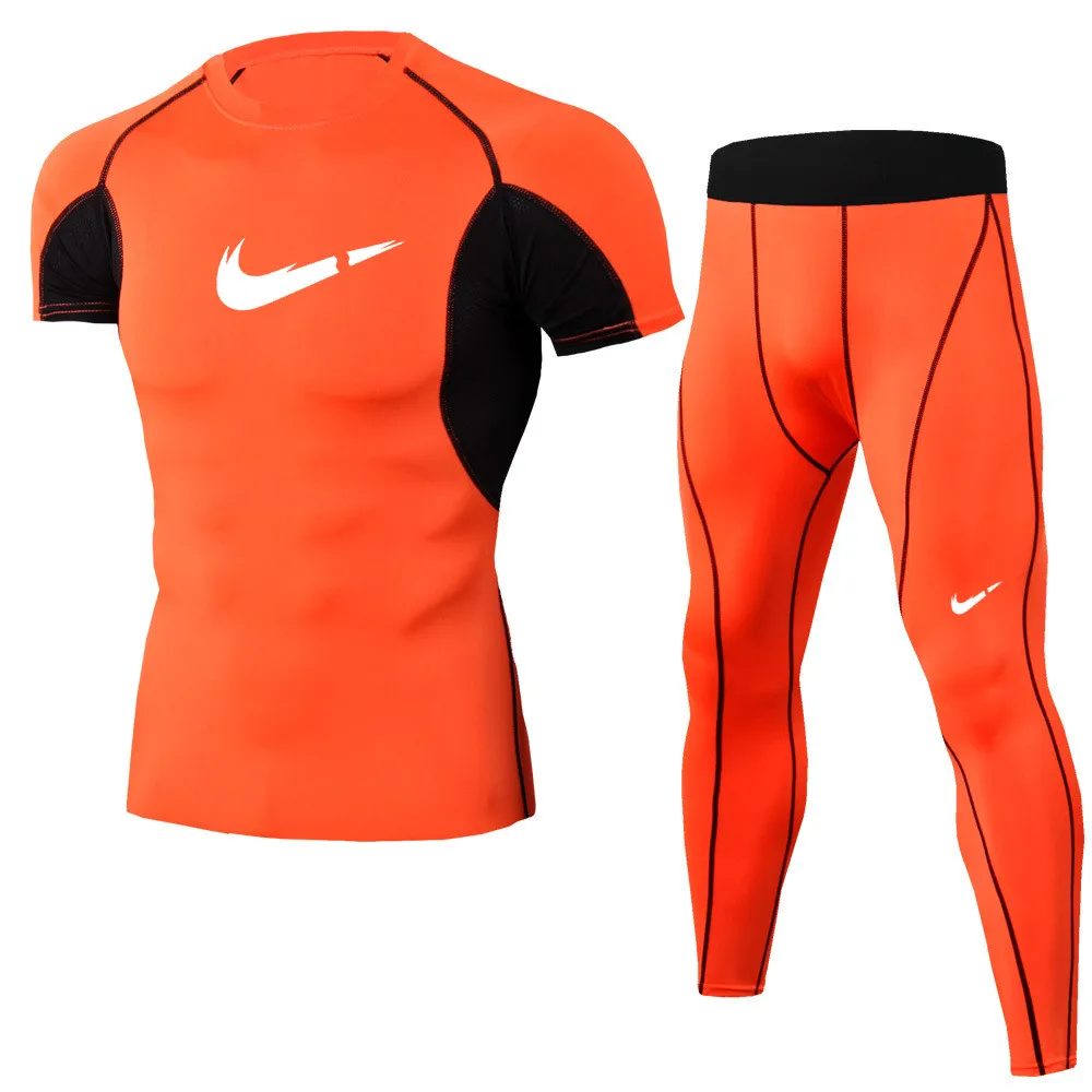 2019 Newest Brand clothing Fitness Compression Sets T Shirt Men Printed Crossfit Muscle Shirt Leggings Base Layer Tight Tops