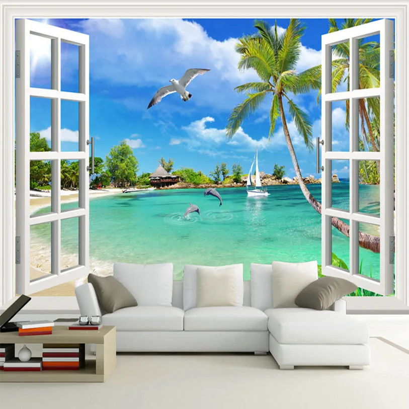 Nach 3d Foto Tapete Fenster Strand Landschaft Schlafzimmer Wohnzimmer Sofa Tv Hintergrund Wand Abdeckt Wandbild Tapete Fur Wande 3d Mural Wallpaper For Walls Photo Wallpapermural Wallpaper Aliexpress