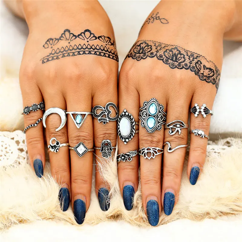IF YOU 11pcs/Set Bohemian Black Stone Lotus Style Rings Set Vintage Geometric Antique Knuckle Rings For Women Jewelry Gift