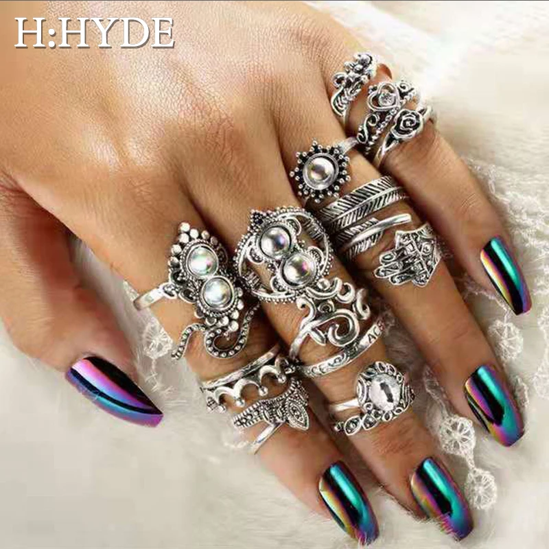 

H:HYDE 16 Pcs/set Women Bohemian Vintage Crown Wave Flower Heart Leaf Crystal Stone Joint Ring Party Silver Ring Set