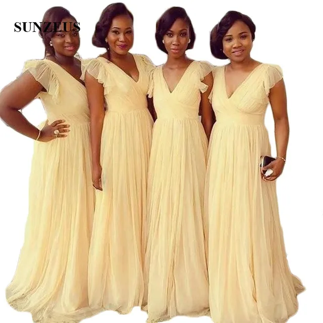 African Yellow Chiffon Prom Dresses A Line V Neck Ruffles Sleeve African Yellow Chiffon Prom Dresses A Line V Neck Ruffles Sleeve Bridesmaid Long Black