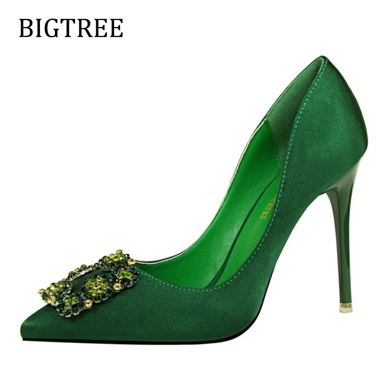 Bigtree Green Crystal High Heels Shallow Pointed Sexy Party Women Pumps Pink Gray Shoes Woman 2018 Summer New Size 34 39