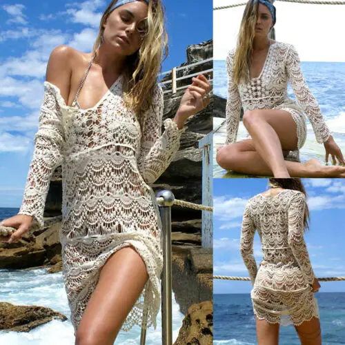 

2019 Women Summer White Hollow Out Lace Hole Beach Holiday Knit Crochet Bikini Cover Up Swimwear Bathing Suit Beach Short Dress