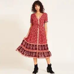 Богемский стиль с коротким рукавом женские платье с цветочным принтом пояса v-образный вырез с пуговицей пэчворк летнее женское