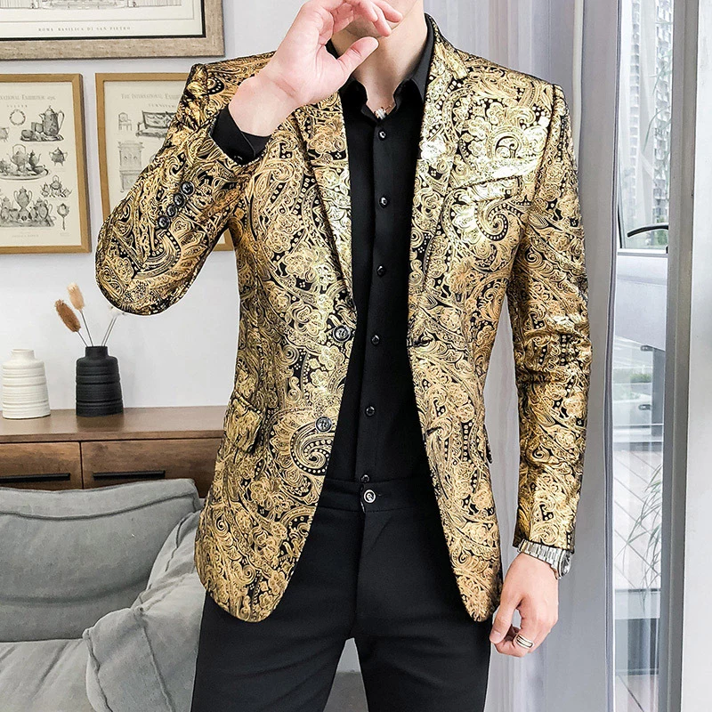 Plyesxale золото пиджак блейзер для мальчика Для мужчин 2019 Slim Fit Цветочный принт