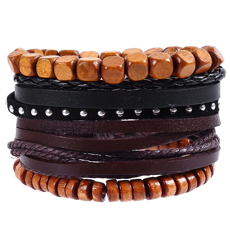 

4pcs/set punk dark brown leather cube tube wood beads alloy rivet charm cord knots wrap wide ban Bracelets Bangles for man