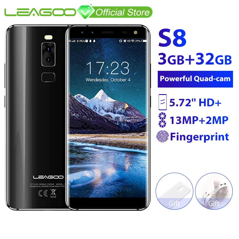 LEAGOO S8 3 ГБ 32 ГБ мобильный телефон Android 7,0 5,72 ''полный дисплей MTK6750T Восьмиядерный 13 МП 4 камеры отпечатков пальцев ID 4G смартфон