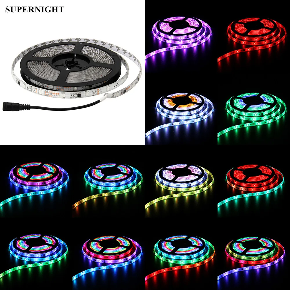 

SuperNight Auto 5050 SMD RGB LED Strip 5M 30LEDs/m DC 12V Waterproof IP65 Chasing flash Fade Modes Lamp Band with DC Connector