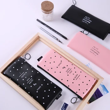 

Simple Cute Pink Black Word PU Leather Pencil Case Kalem Kutusu Student Estojo Escolar Stationery Papelaria Pencil Bag 3021