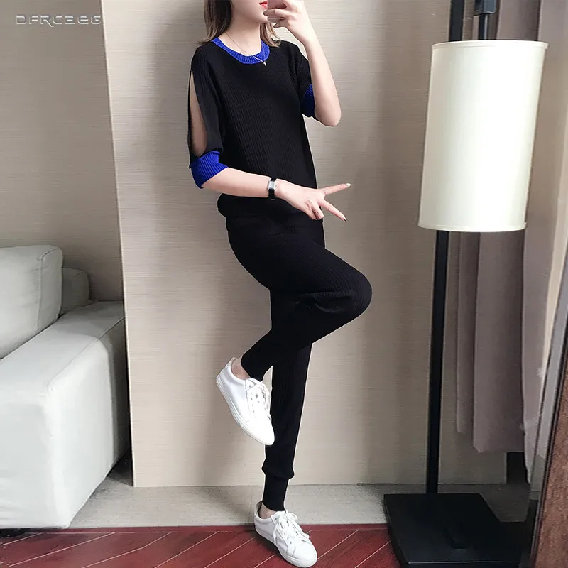Knitted Two Piece Set Top And Pants Women 2019 Summer Fashion Knit Tracksuit Patchwork Short Sleeve Capris Pants 2 Piece Outfits