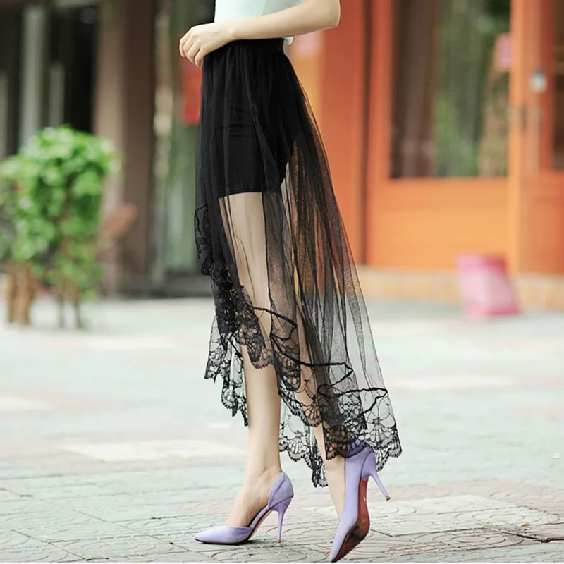 Sweep lace patchwork sexy high waist perspective full Skirt irregular bottom expansion gauze skirt 155g | Женская одежда