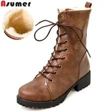 ASUMER/европейские размеры 34-43; зимние женские ботинки до середины икры с круглым носком на шнуровке в стиле ретро; теплые зимние ботинки на меху Прямая поставка