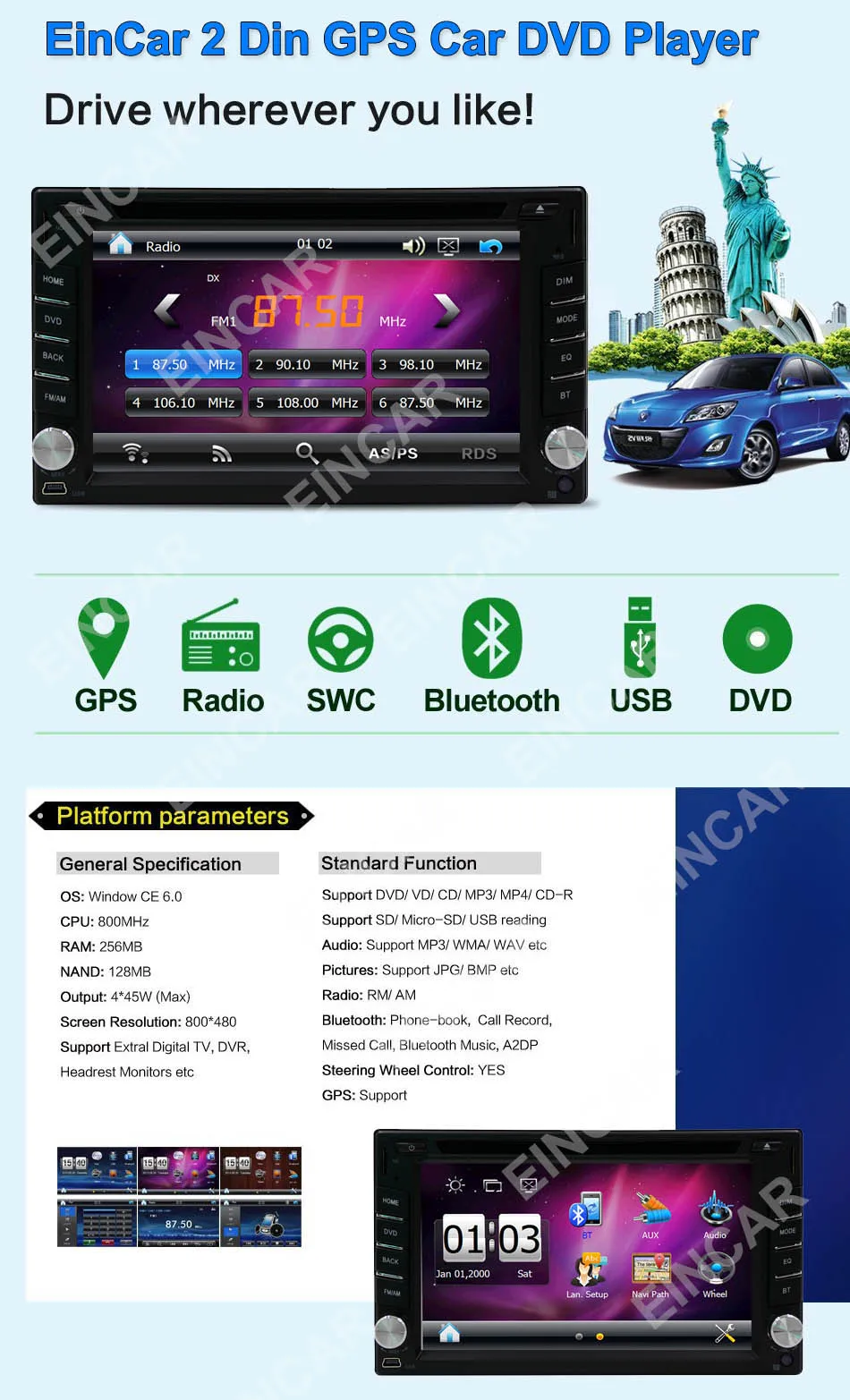 Excellent Double 2 Din 6.2" Car Stereo Touch DVD Player HD In Dash Bluetooth Radio CAMERA 0