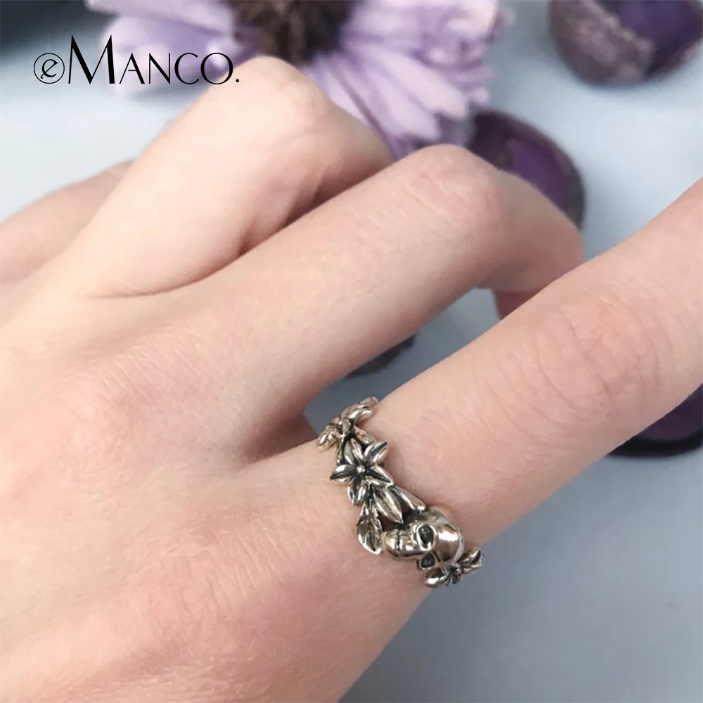 

e-Manco Skull 925 Sterling Silver Vintage Rings Elegant Flower Unisex Wedding Engagement Punk Rings Fashion Jewelry