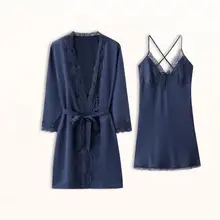 Пикантные для женщин 2 шт. пижамы кружевная бейка Twinset халат комплект атласная ночная рубашка повседневное Домашняя одежда короткие Ночная и