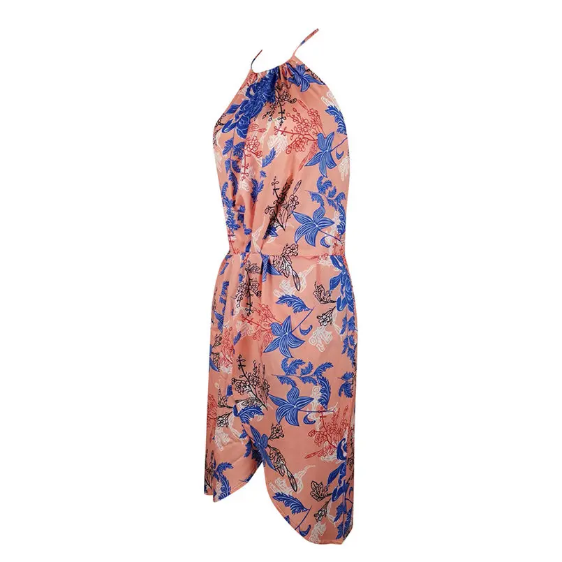 New Women Summer Sexy Sleeveless Halter Neck Floral Print Casual Mini Dress Elegant Lady Vintage Casual Party Dress #4R14 (15)