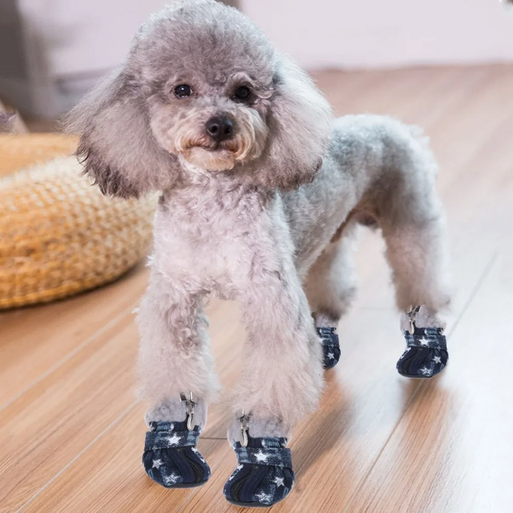 Let s Pet Pet Shoes Dogs Puppy Boots Denim Warm Snow Winter Lovely Anti Slip Zipper