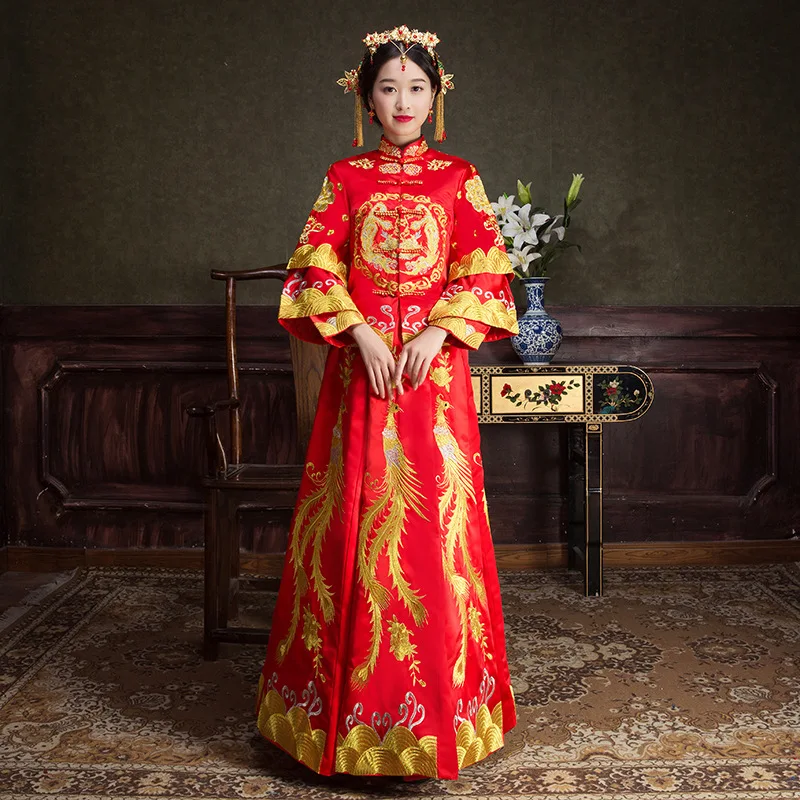 Red Gold Phoenix Embroidery Dresses Female Traditional Chinese Dress
