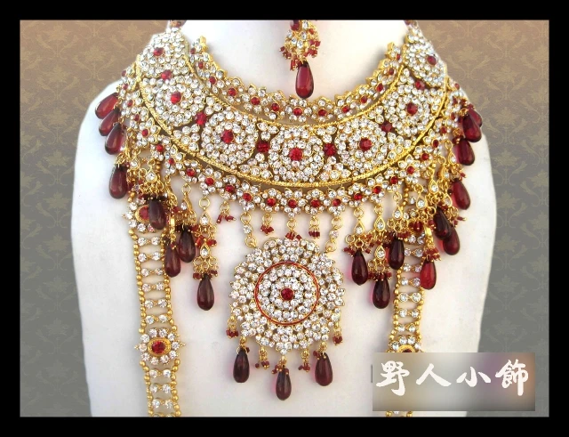 Новинка, изысканный индийский ювелирный набор, этнические роскошные аксессуары, 2 ожерелья, серьги, браслет, кольцо в нос, брови, кулон, 6 шт. в комплекте, красный