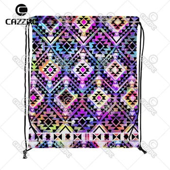 

Colorful Bohemia Aztec Triangle Plaid Geometric Print Custom individual Nylon fabric Drawstring Backpack Gift Bag Pack of 4